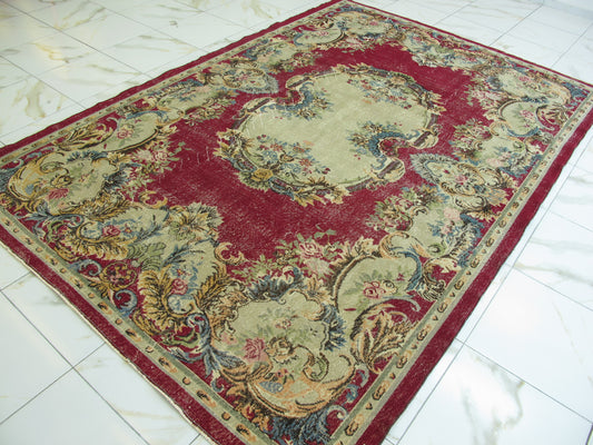 Antique Decor Oriental Rug Large Floral French Design Wool Rug Muted Vintage Distressed Carpet 7x10