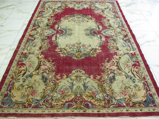 Antique Decor Oriental Rug Large Floral French Design Wool Rug Muted Vintage Distressed Carpet 7x10