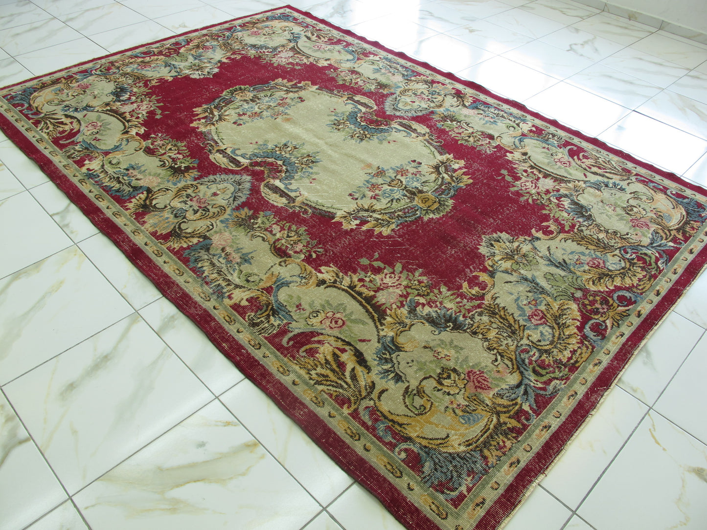 Antique Decor Oriental Rug Large Floral French Design Wool Rug Muted Vintage Distressed Carpet 7x10