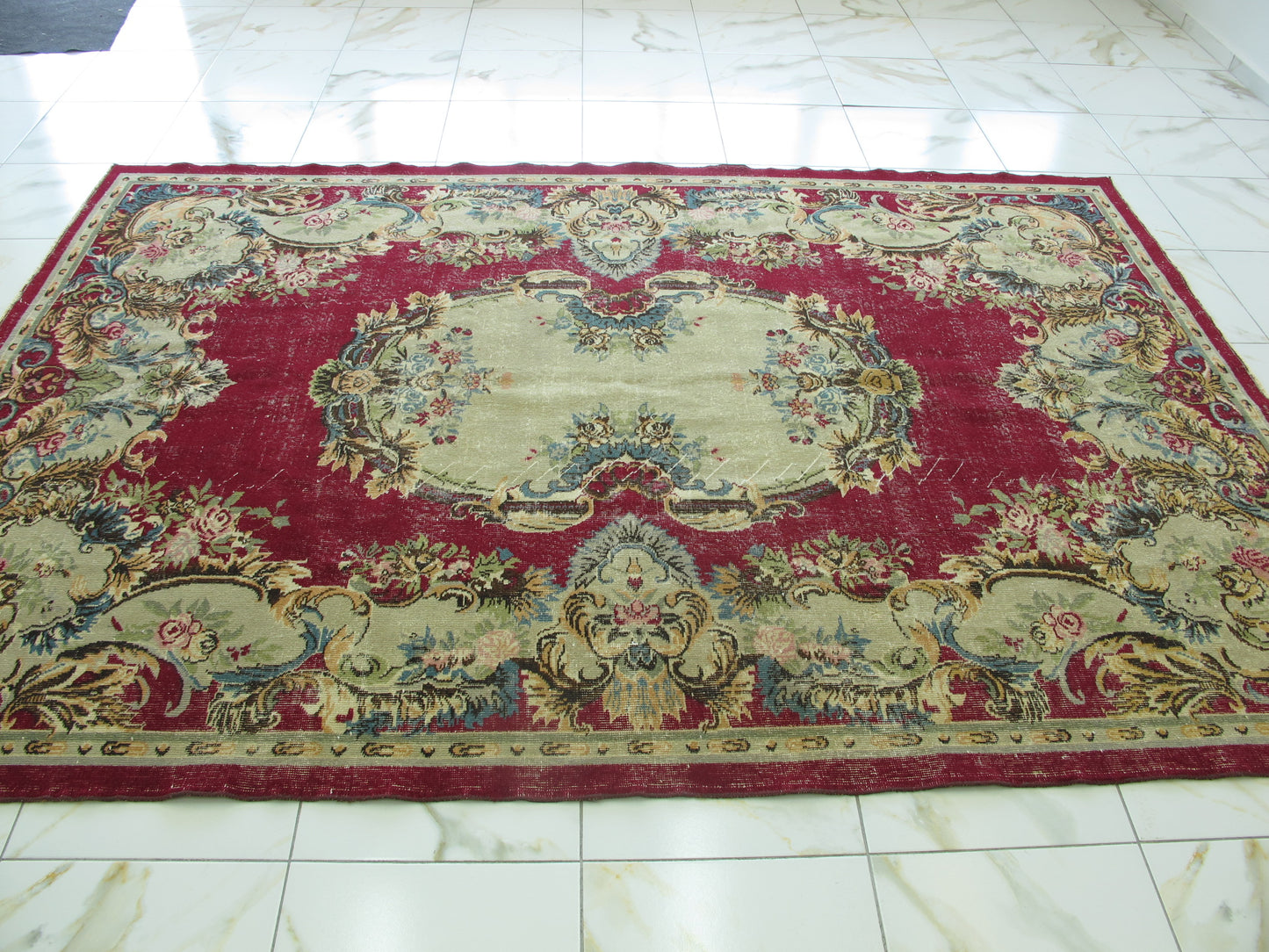 Antique Decor Oriental Rug Large Floral French Design Wool Rug Muted Vintage Distressed Carpet 7x10