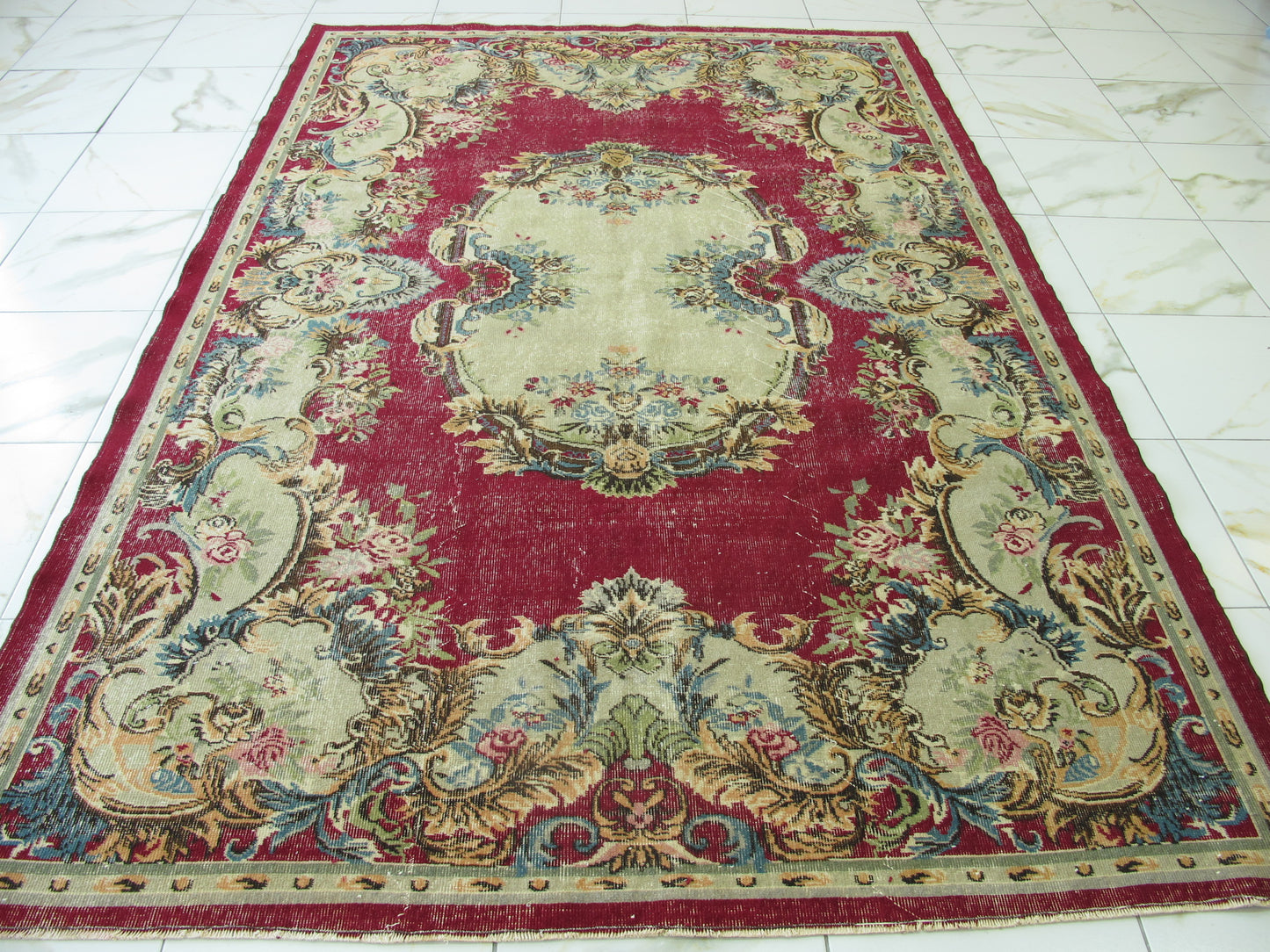 Antique Decor Oriental Rug Large Floral French Design Wool Rug Muted Vintage Distressed Carpet 7x10