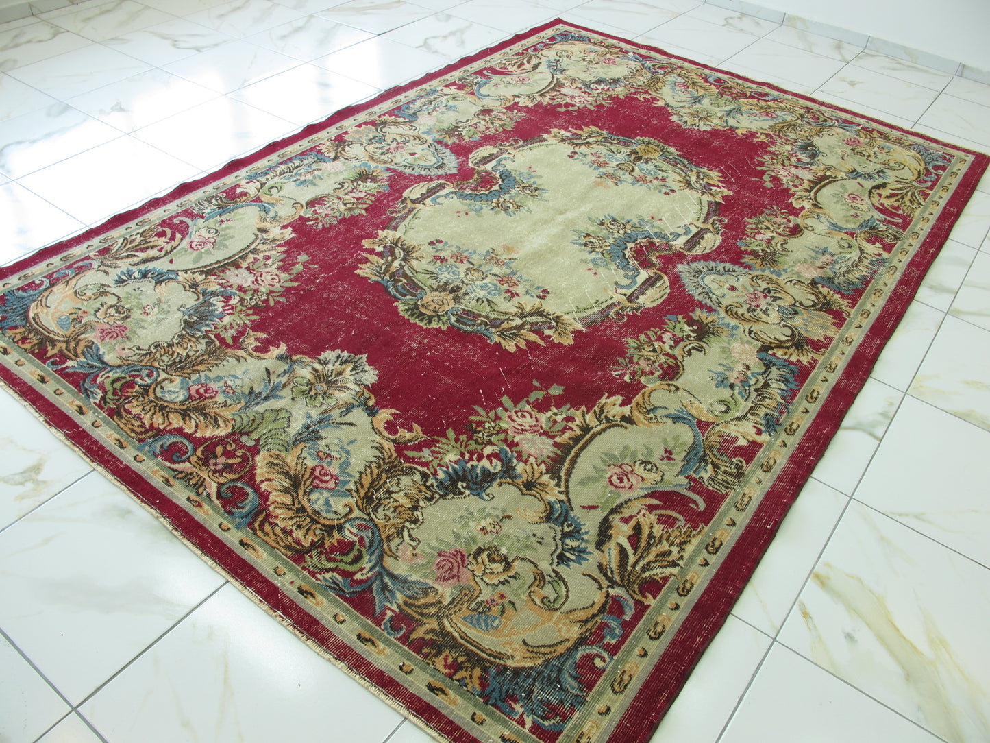 Antique Decor Oriental Rug Large Floral French Design Wool Rug Muted Vintage Distressed Carpet 7x10
