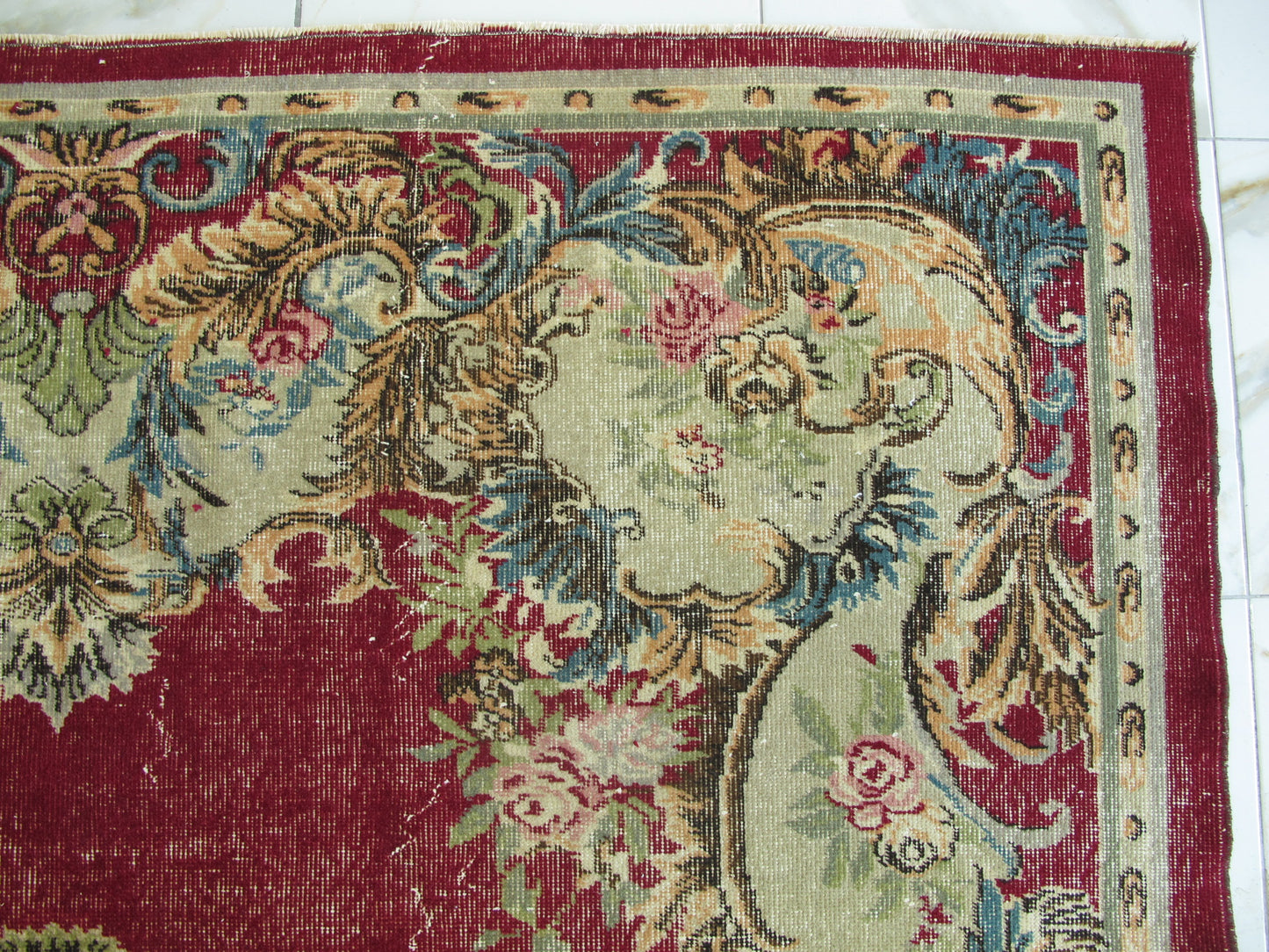 Antique Decor Oriental Rug Large Floral French Design Wool Rug Muted Vintage Distressed Carpet 7x10