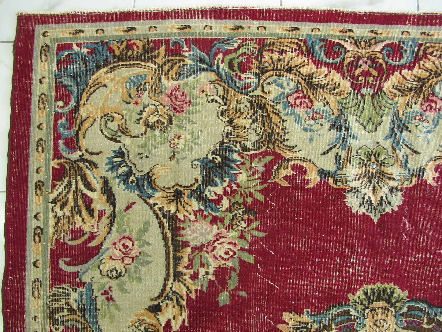 Antique Decor Oriental Rug Large Floral French Design Wool Rug Muted Vintage Distressed Carpet 7x10