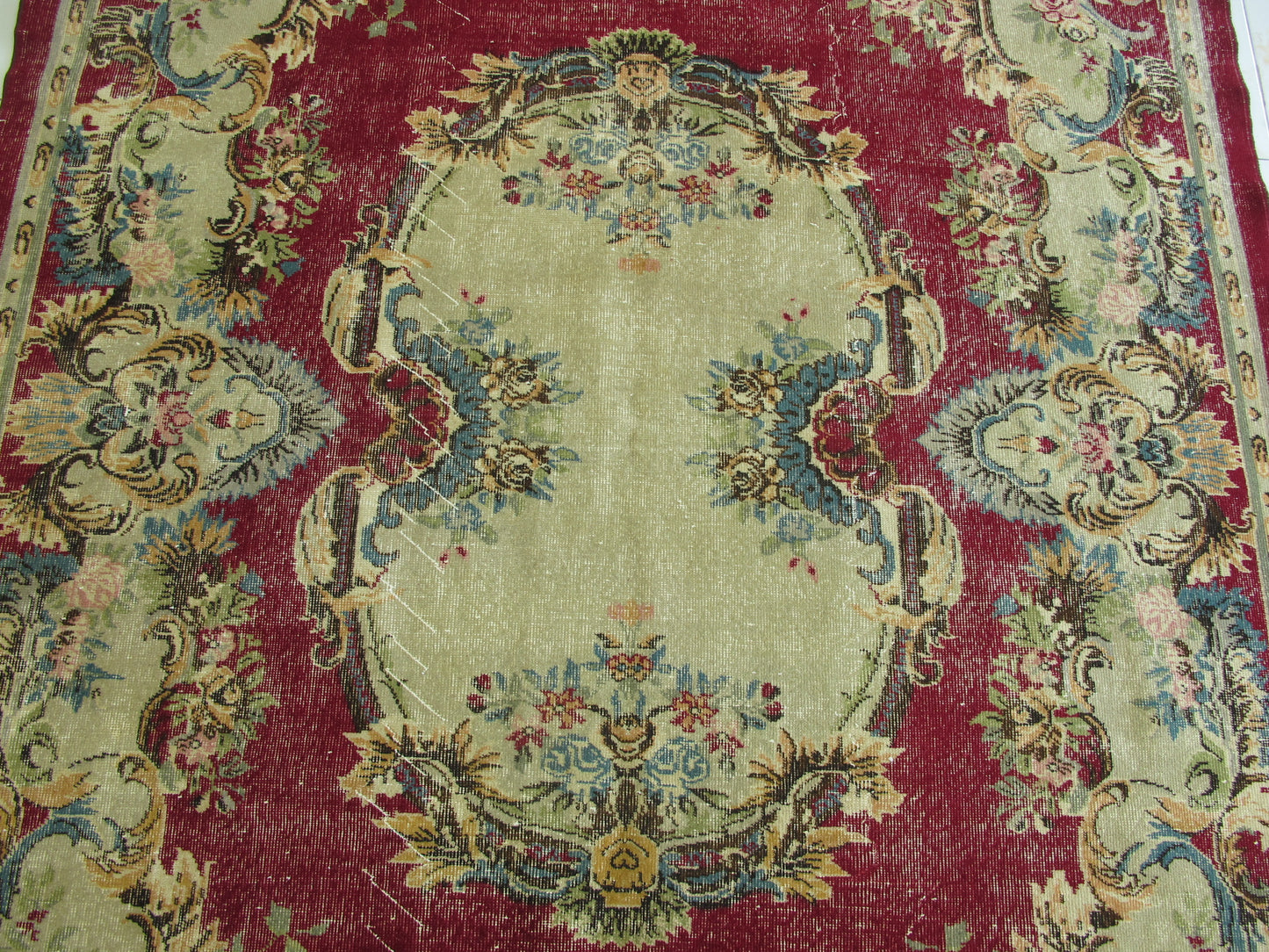Antique Decor Oriental Rug Large Floral French Design Wool Rug Muted Vintage Distressed Carpet 7x10