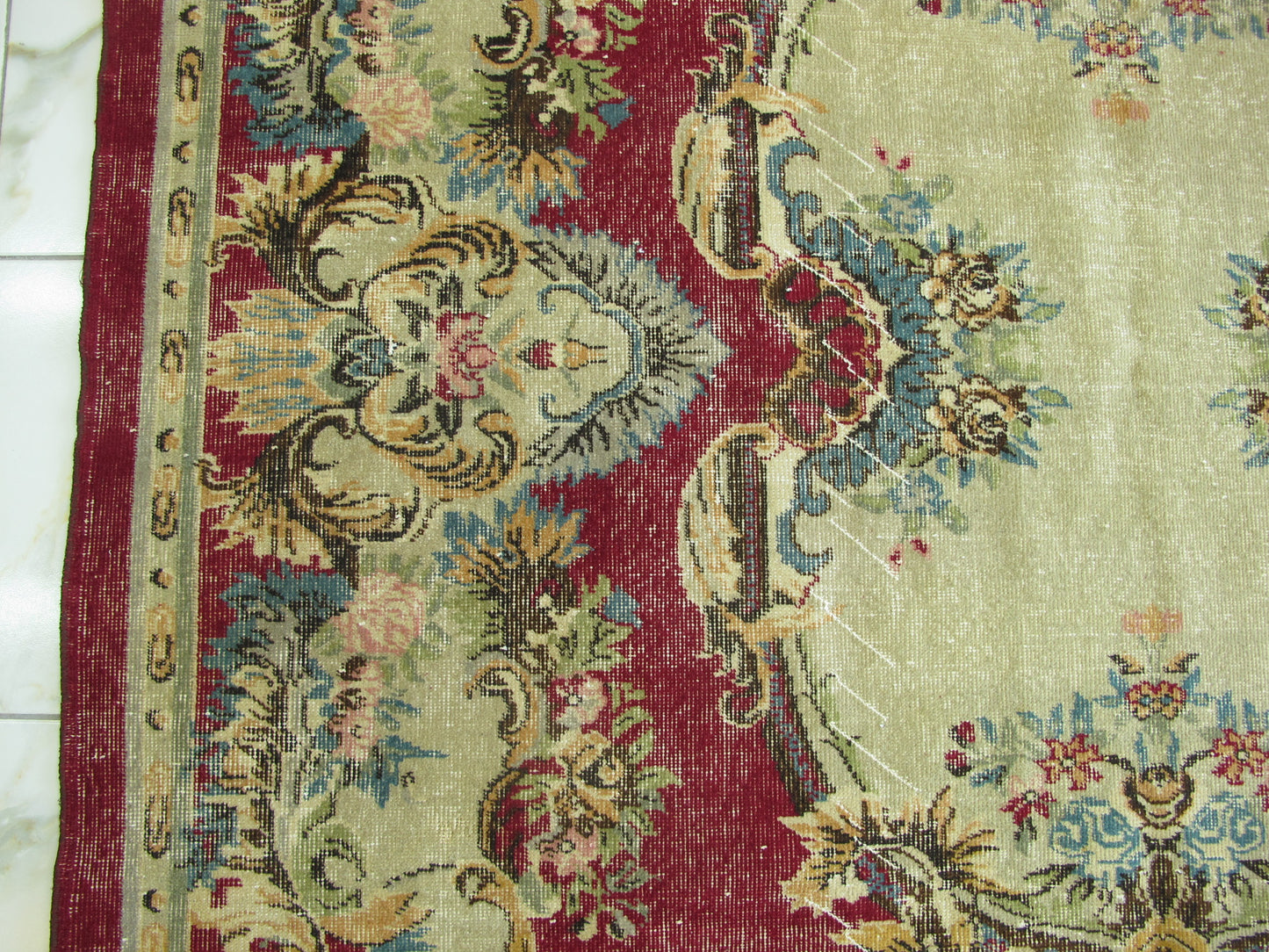 Antique Decor Oriental Rug Large Floral French Design Wool Rug Muted Vintage Distressed Carpet 7x10