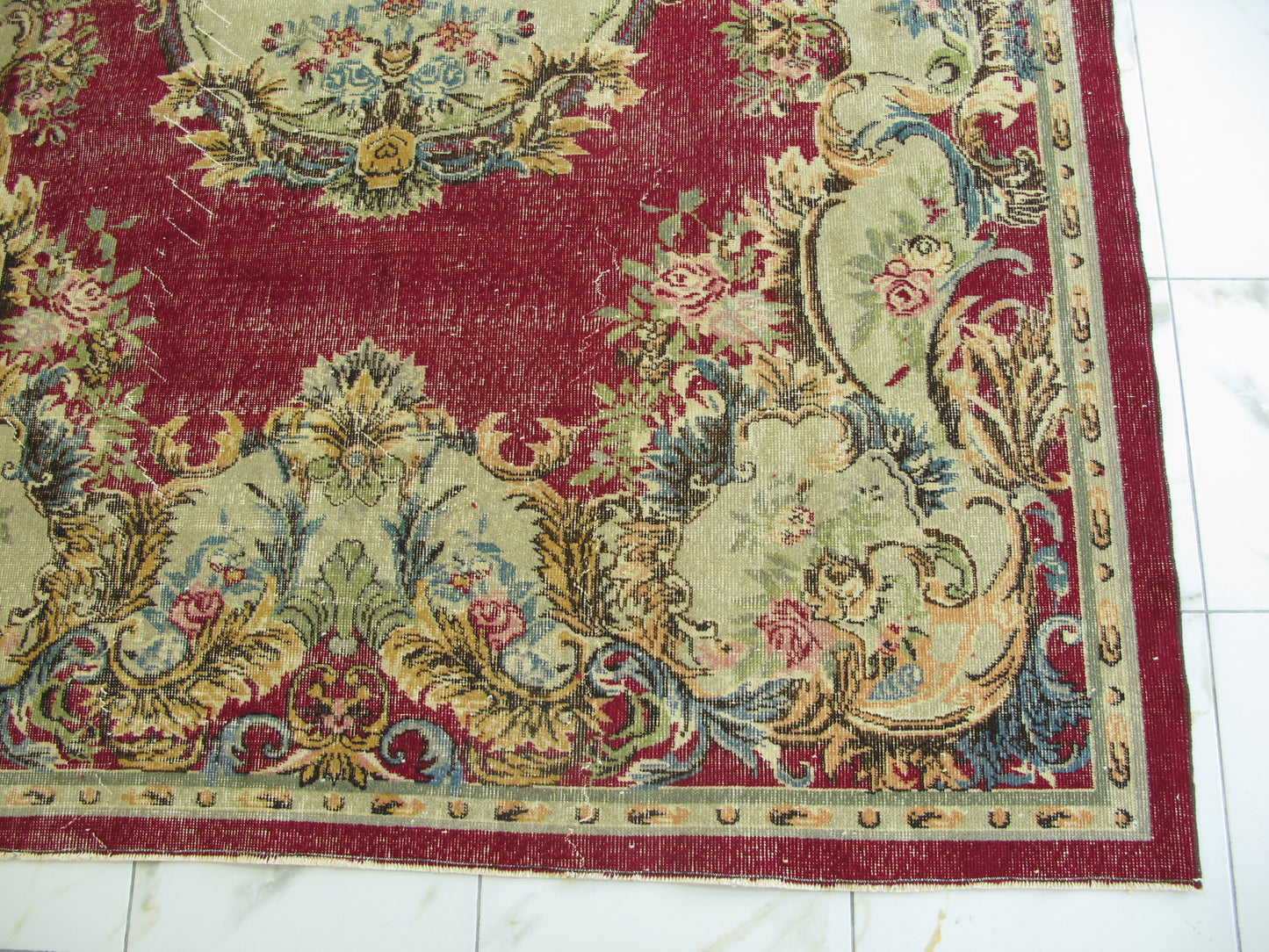 Antique Decor Oriental Rug Large Floral French Design Wool Rug Muted Vintage Distressed Carpet 7x10