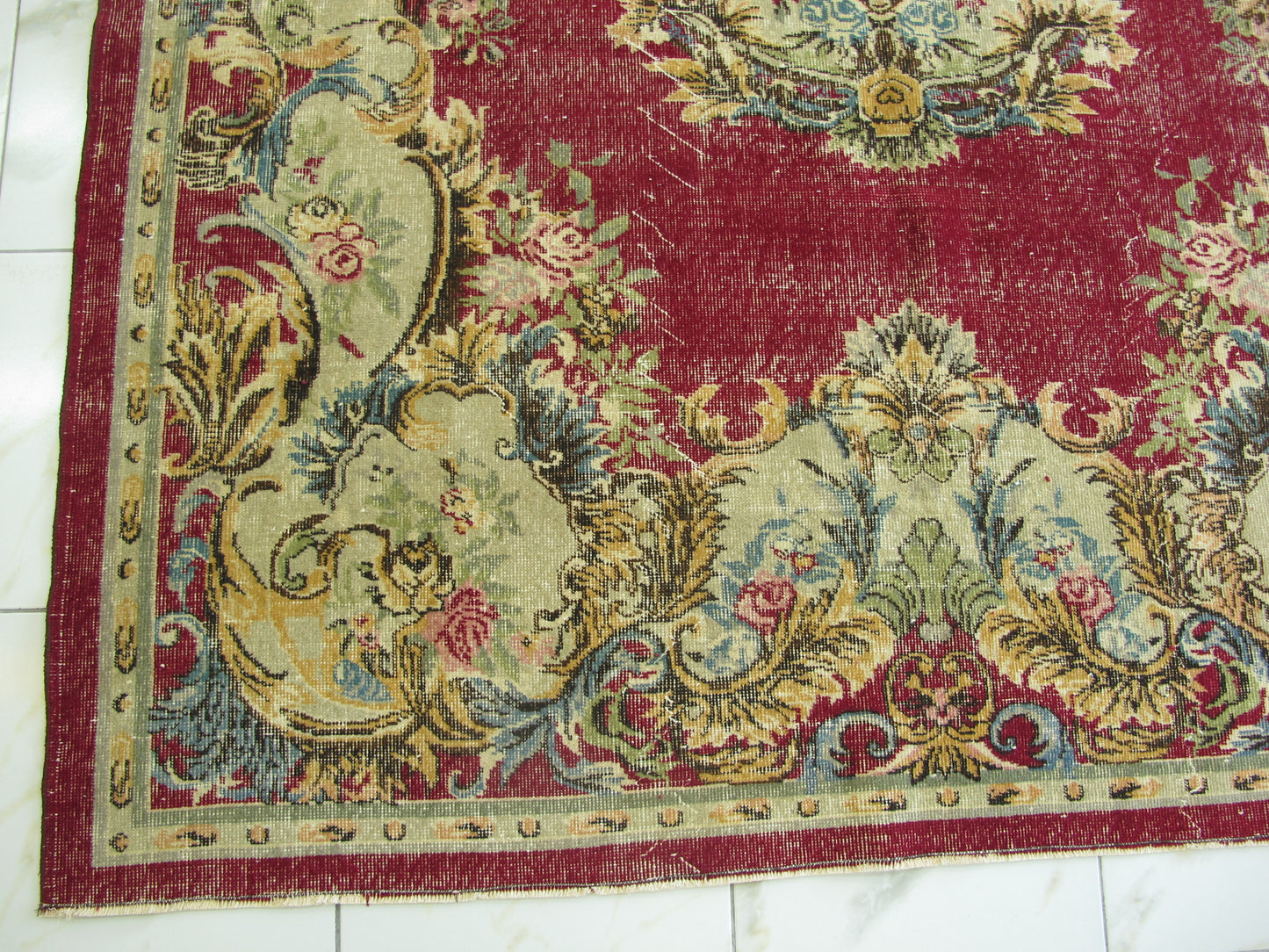 Antique Decor Oriental Rug Large Floral French Design Wool Rug Muted Vintage Distressed Carpet 7x10