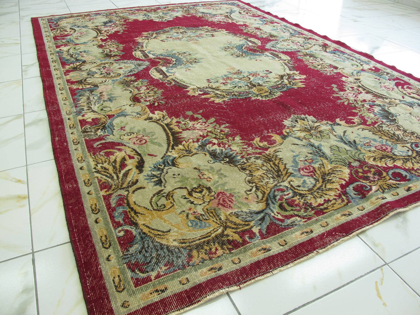 Antique Decor Oriental Rug Large Floral French Design Wool Rug Muted Vintage Distressed Carpet 7x10