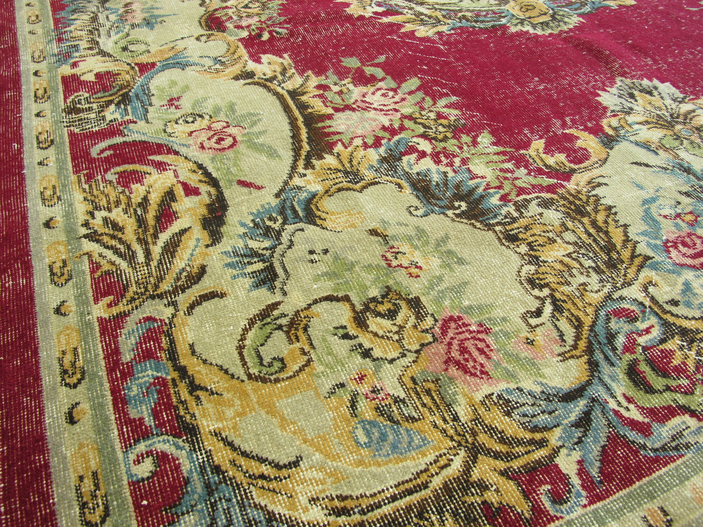Antique Decor Oriental Rug Large Floral French Design Wool Rug Muted Vintage Distressed Carpet 7x10