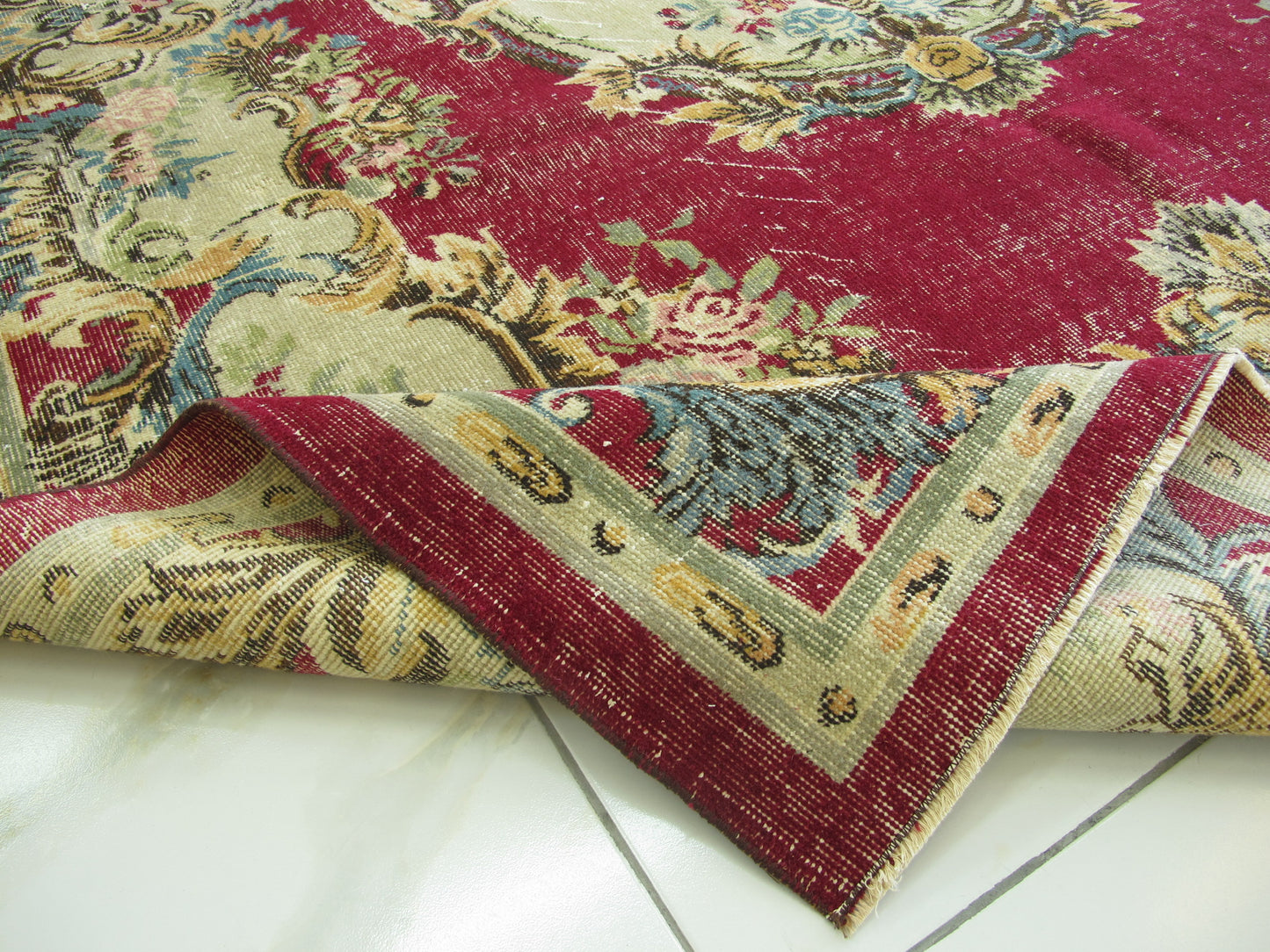 Antique Decor Oriental Rug Large Floral French Design Wool Rug Muted Vintage Distressed Carpet 7x10