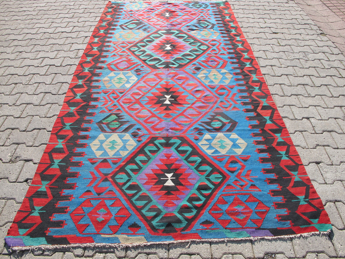 Vintage Turkish Oushak Kilim Rug - Vibrant Turquoise - 5'4'' x 10'9'' (164x329cm)