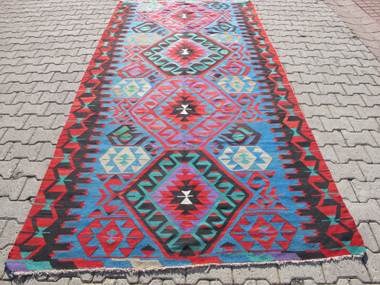 Vintage Turkish Oushak Kilim Rug - Vibrant Turquoise - 5'4'' x 10'9'' (164x329cm)