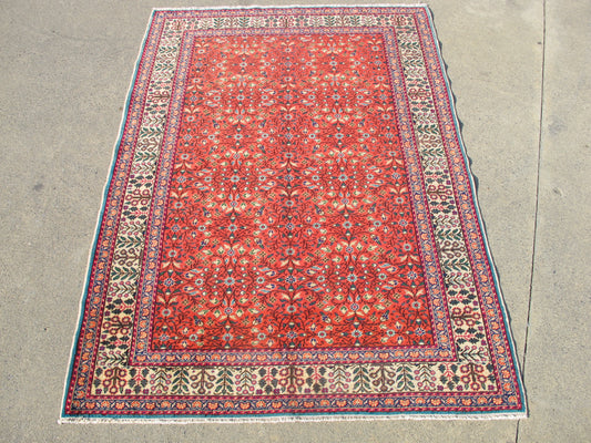 Vintage Traditional Oriental Rug - Red Fine Weave Floral - 4' x 5'7'' (124x171cm) - 1950s