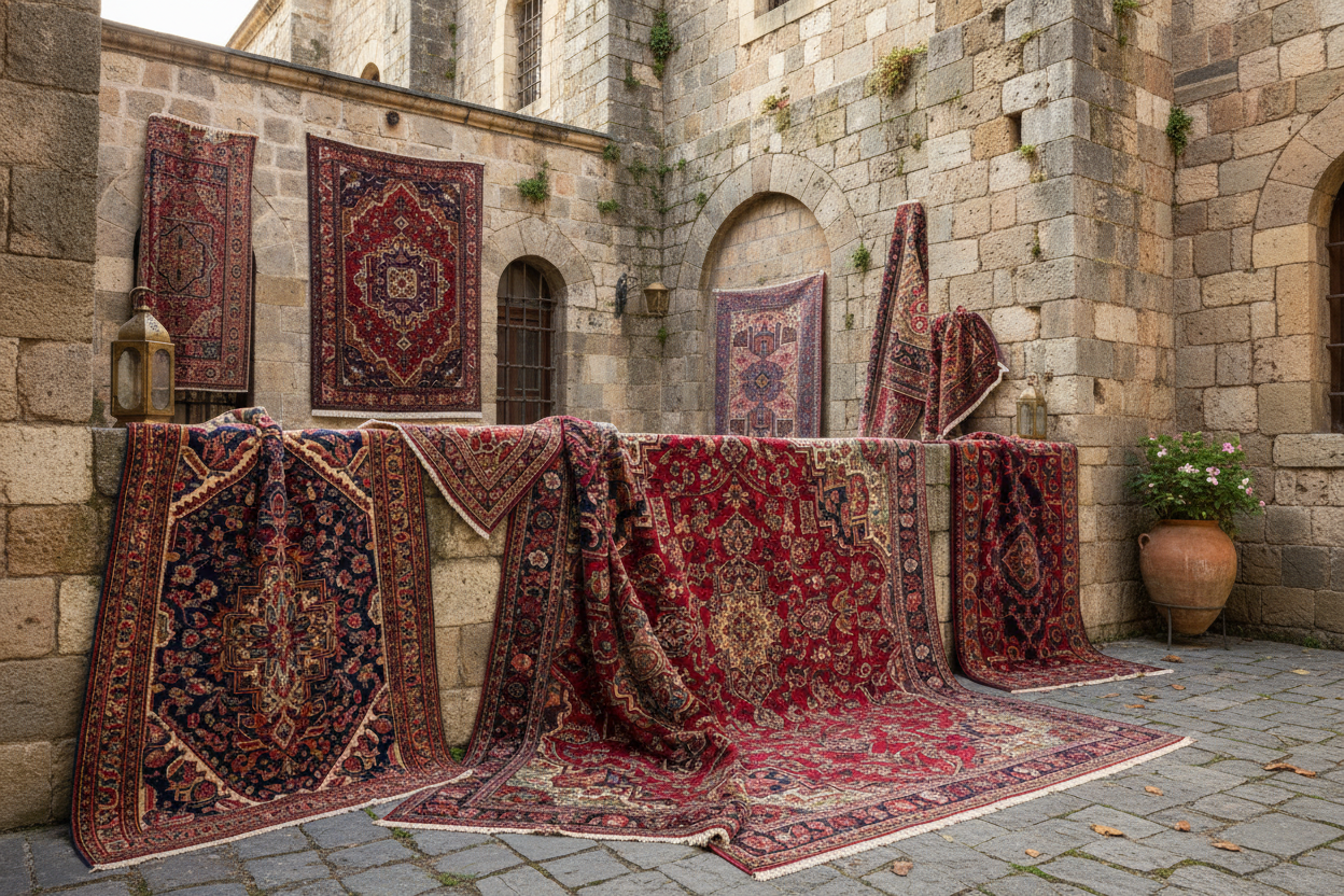 Oriental rugs against a stone building background